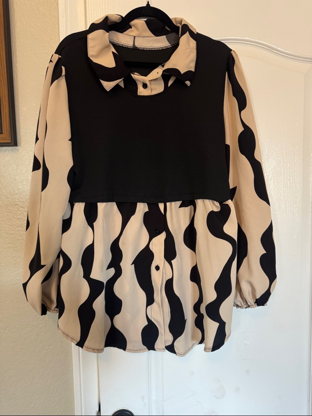 SHEIN Black and Beige Abstract Layered Button-Up Blouse